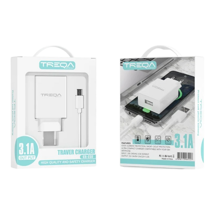 TREQATreqa Φορτιστής με Θύρα USB-A και Καλώδιο USB-C Quick Charge 3.1 A Λευκός (CS-232)papell.gr