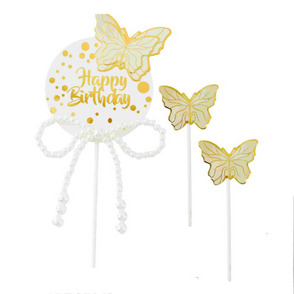 OEMCake Topper Happy Birthday Butterfly Με Φιόγκο Με Πέρλα 3 Τμχpapell.gr