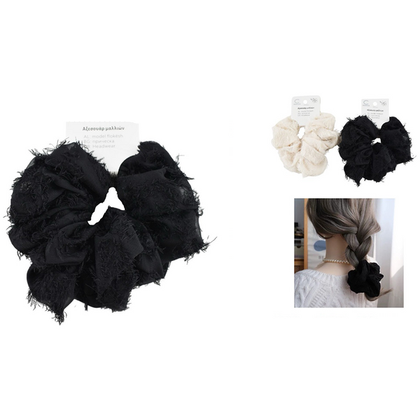 Scrunchie Μαλλιών Με Ξέφτια 1Τμχ 2 Χρώματα Λευκό- Μαύρο