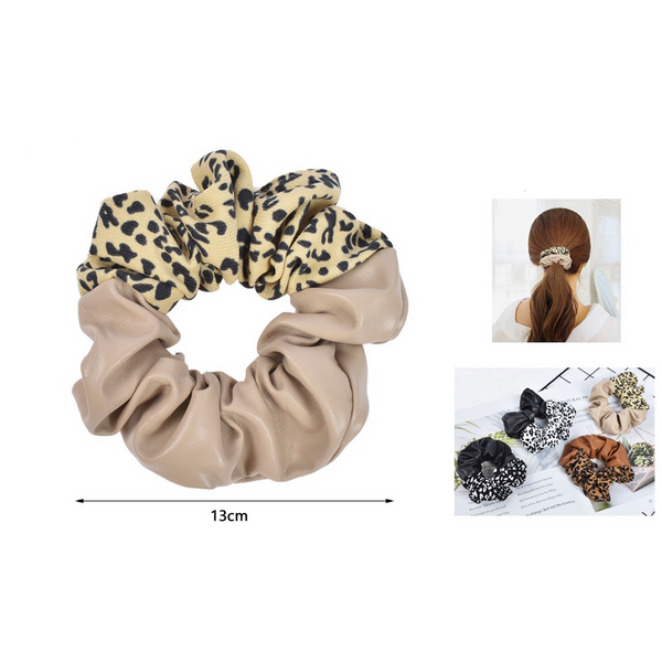 Scrunchie Μαλλιών Μισό Δερμάτινο- Μισό Animal Print 3 Χρώματα