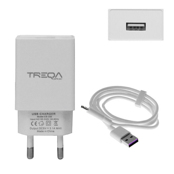 TREQATreqa Φορτιστής με Θύρα USB-A και Καλώδιο USB-C Quick Charge 3.1 A Λευκός (CS-232)papell.gr